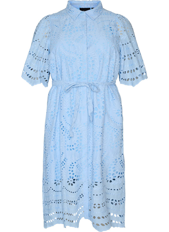 Skjortekjole i broderie anglaise med bindeb&aelig;lte, Bl&aring;, Packshot image number 0