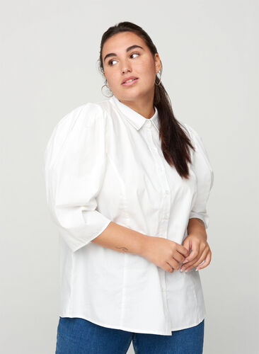 Bomulds skjorte med 3/4 pufærmer, Bright White, Model image number 0
