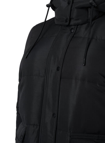 Lang puffer jakke med lommer og hætte, Black, Packshot image number 2
