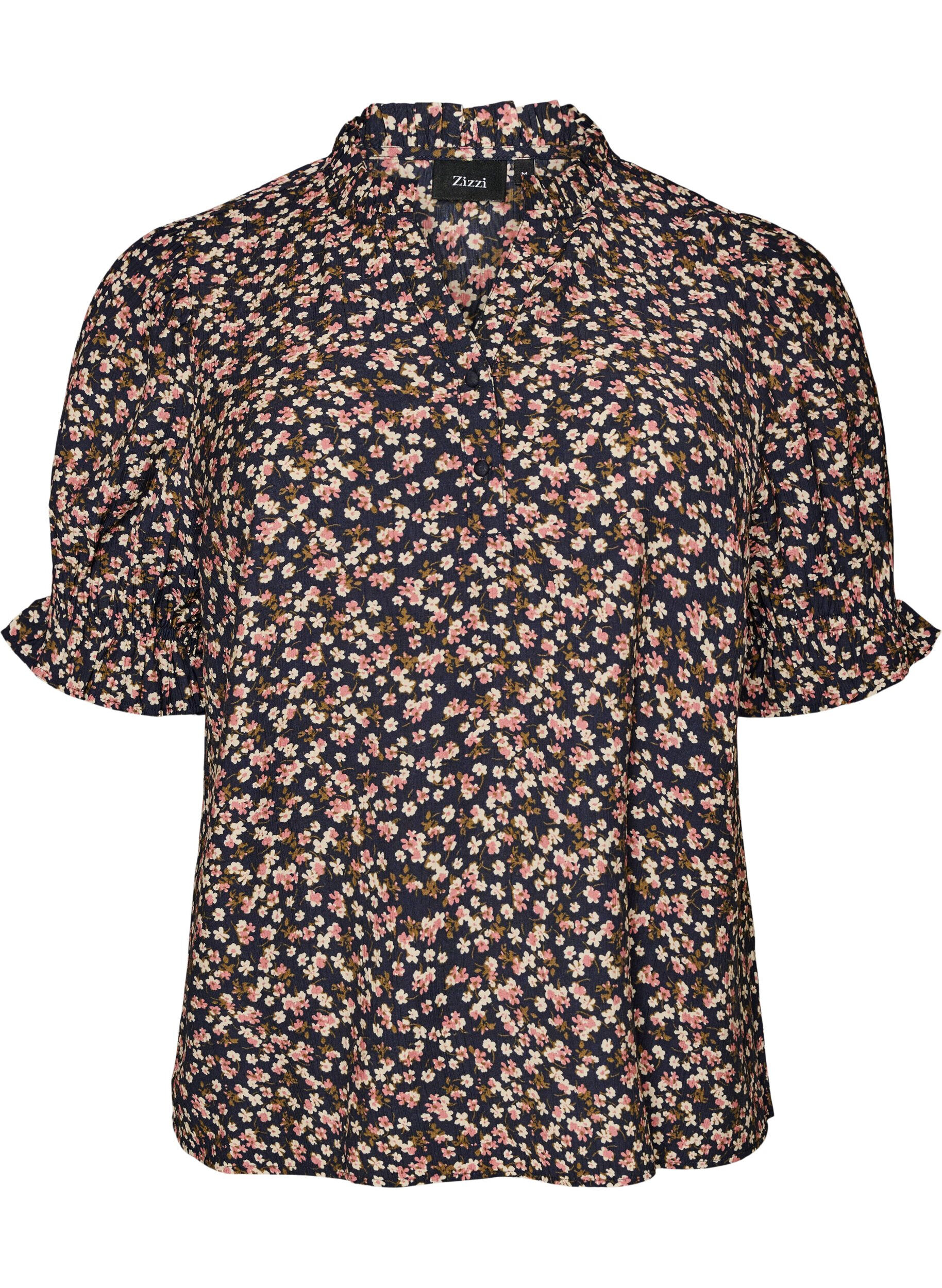 ZizziBlomstret viscosebluse med korte &aelig;rmer og smockdetaljer, Bl&aring;, Packshot image number 0