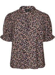 Blomstret viscosebluse med korte &aelig;rmer og smockdetaljer, Bl&aring;