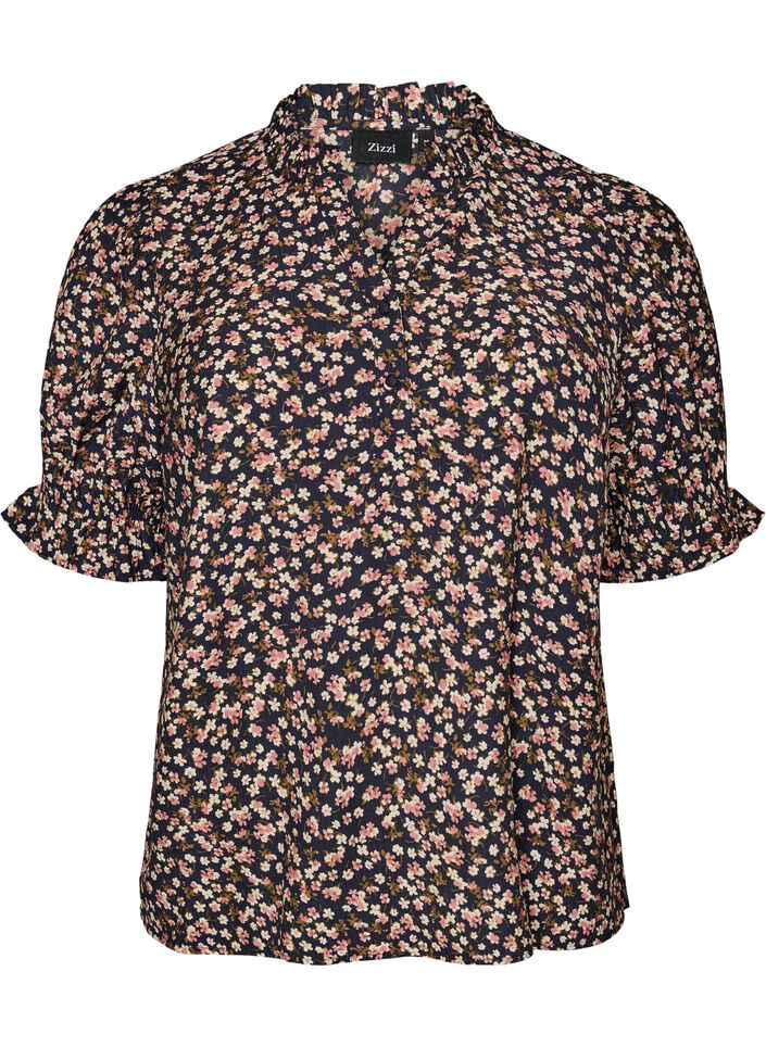 Blomstret viscosebluse med korte &aelig;rmer og smockdetaljer, Bl&aring;, Packshot image number 0
