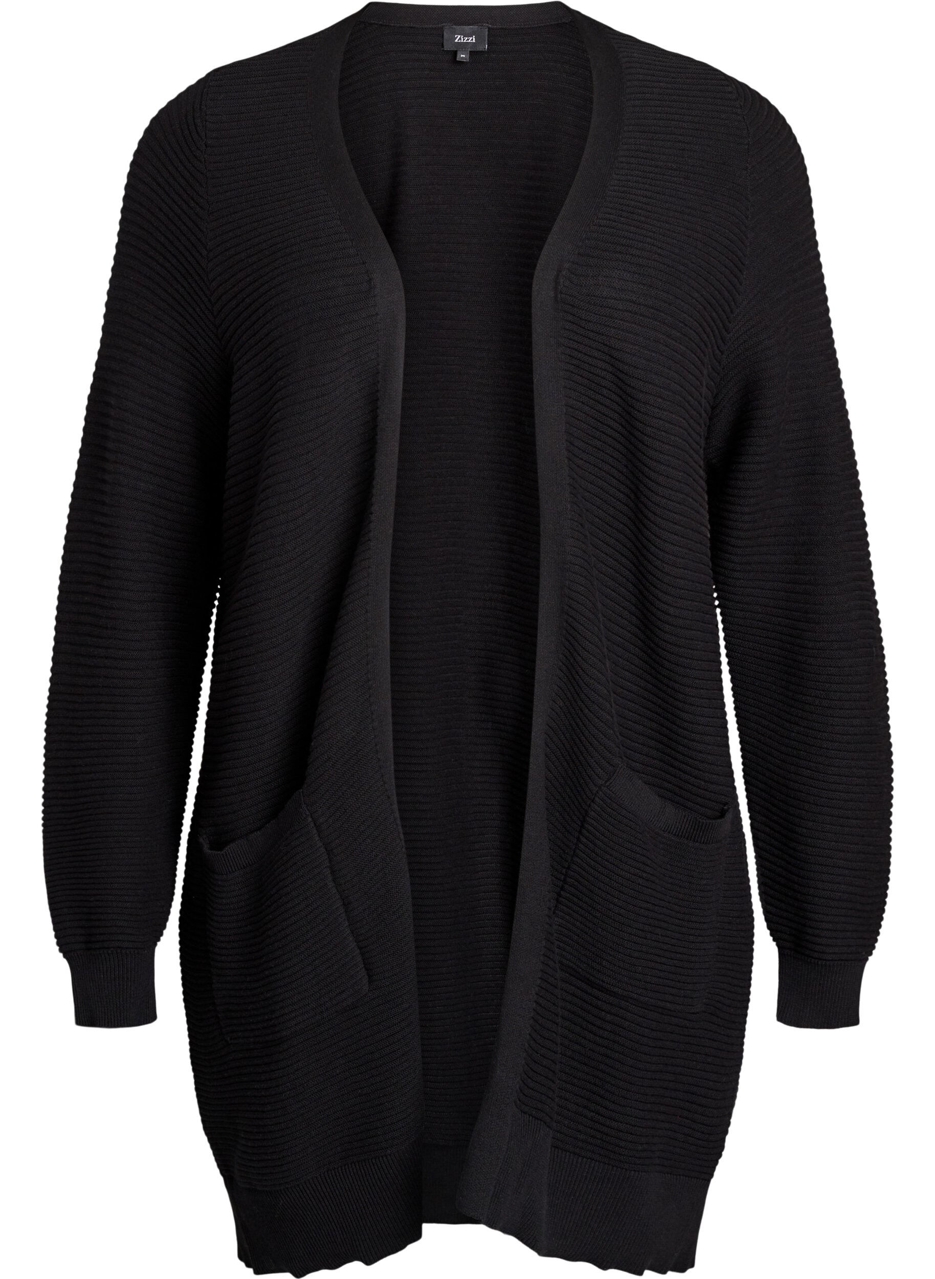Zizzi Lang ribstrikket cardigan i bomuld, Sort, Packshot image number 0