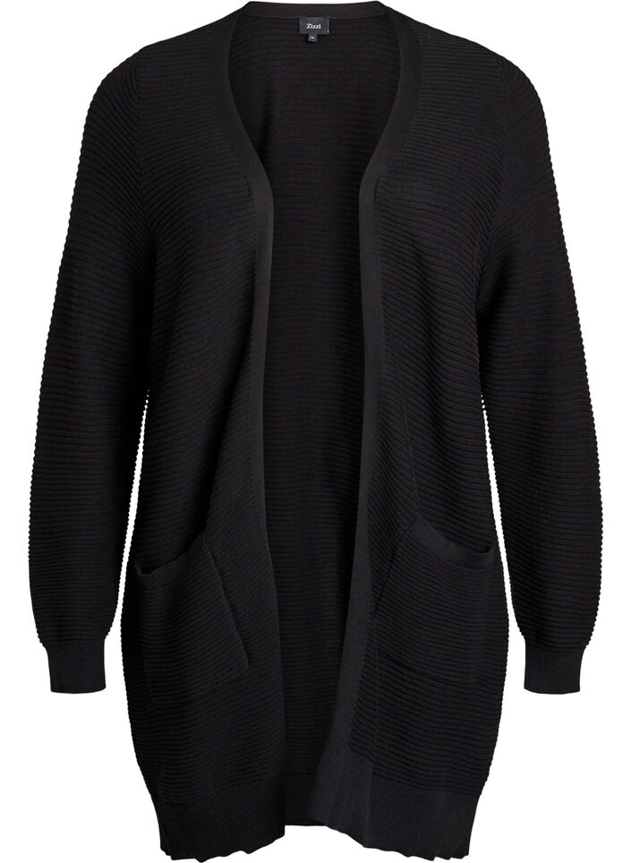 Lang ribstrikket cardigan i bomuld, Sort, Packshot image number 0