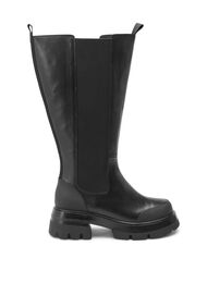 Wide fit læderstøvle med lang skaft og elastik, Black, Packshot