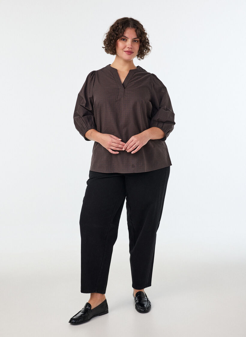 Ternet bluse med V-hals og 3/4-&aelig;rmer, Brun, Model image number 1