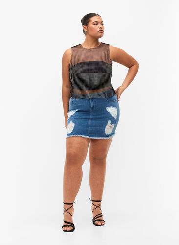 Tætsiddende denim nederdel med slid, Blue denim, Model image number 3
