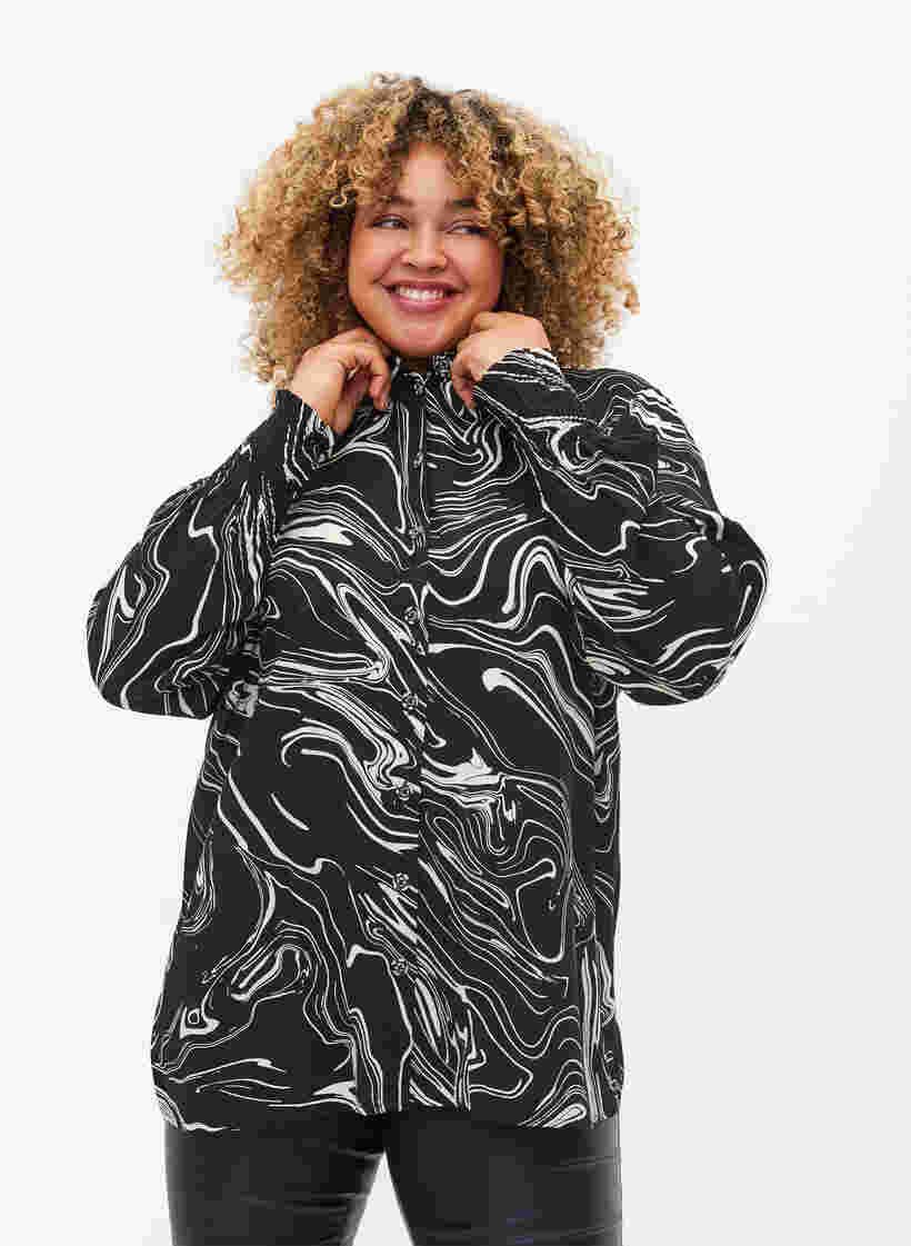 Langærmet viskoseskjorte med print, Black Swirl AOP, Model