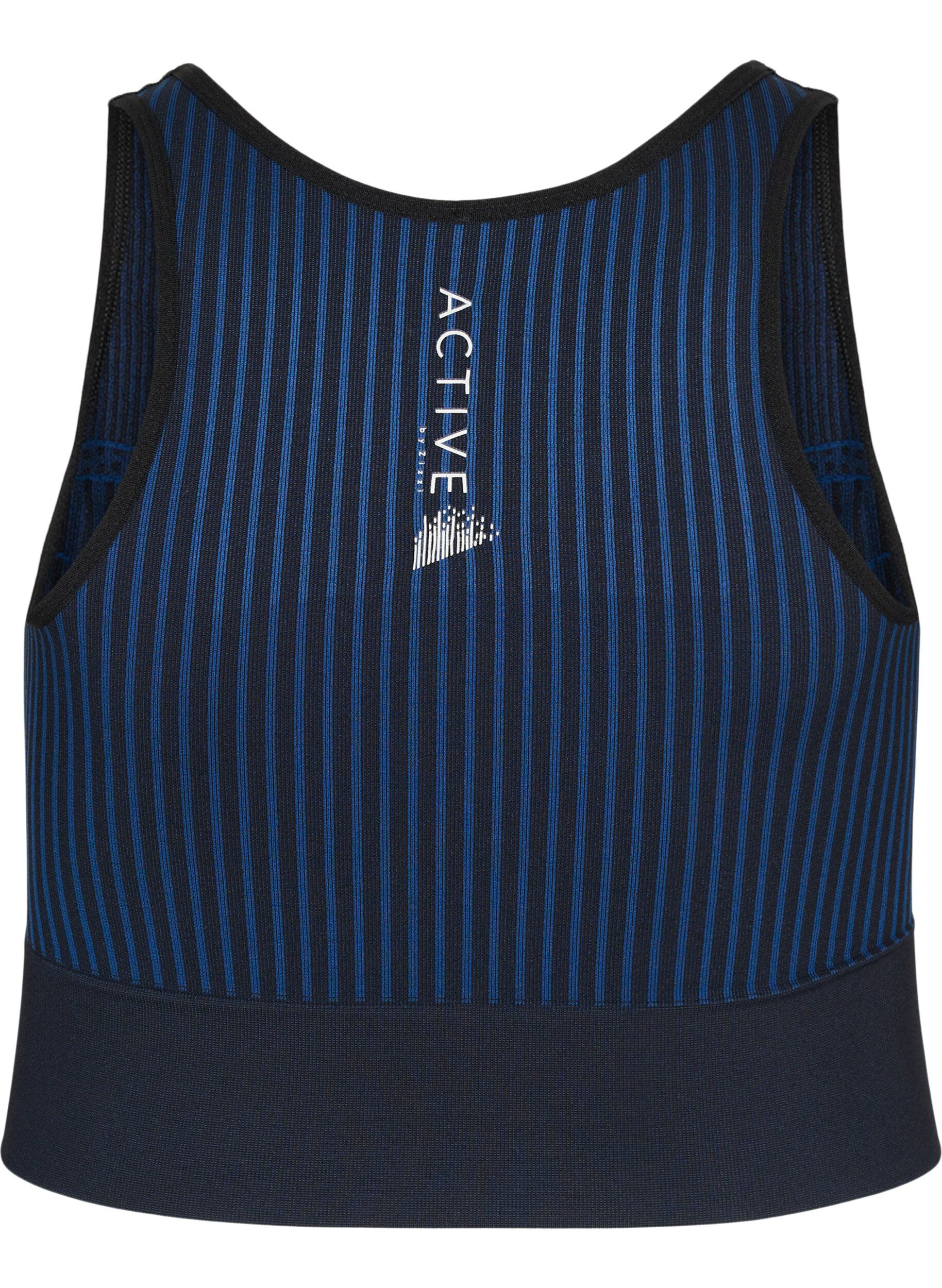 Zizzi Seamless sports bh med striber, Black w. Blue Depths, Packshot image number 1