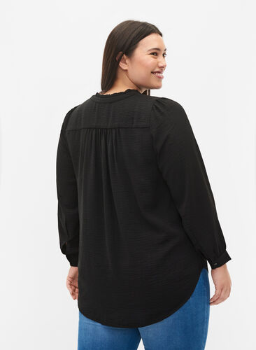 Langærmet bluse med v-udskæring, Black, Model image number 1