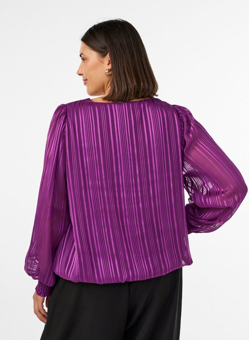 Bluse med stribem&oslash;nster og ballonform, Lilla, Model image number 2