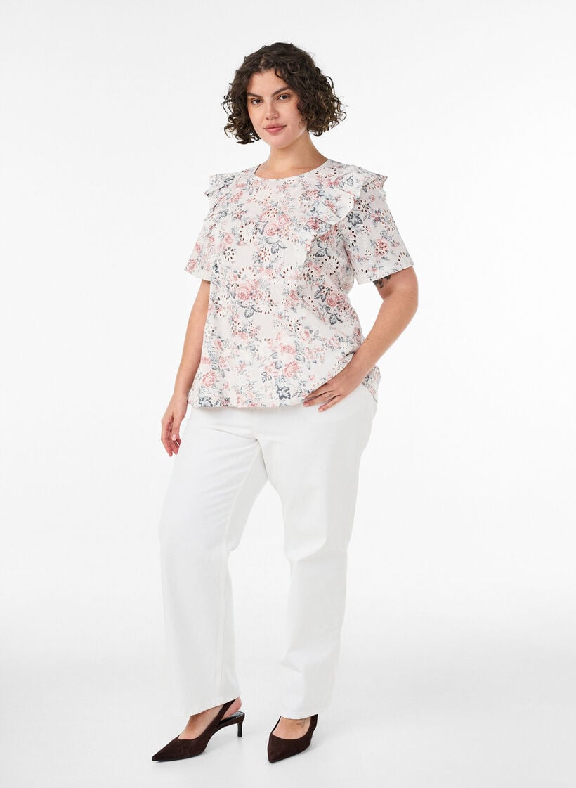 Bluse i bomuld med broderie anglaise og fl&aelig;ser, Lyser&oslash;d, Model image number 1