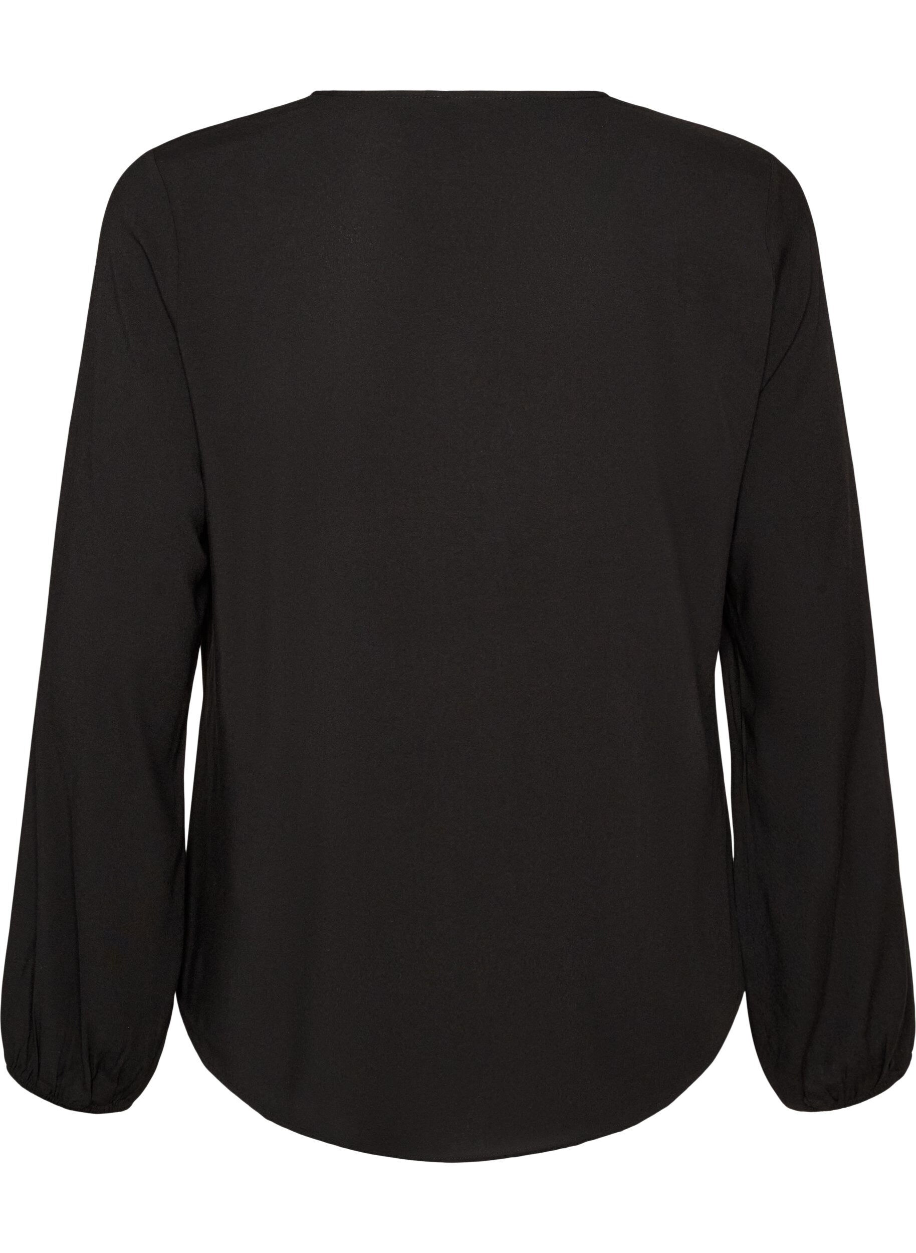 ZizziViskosebluse med V-hals og lange &aelig;rmer, Sort, Packshot image number 1