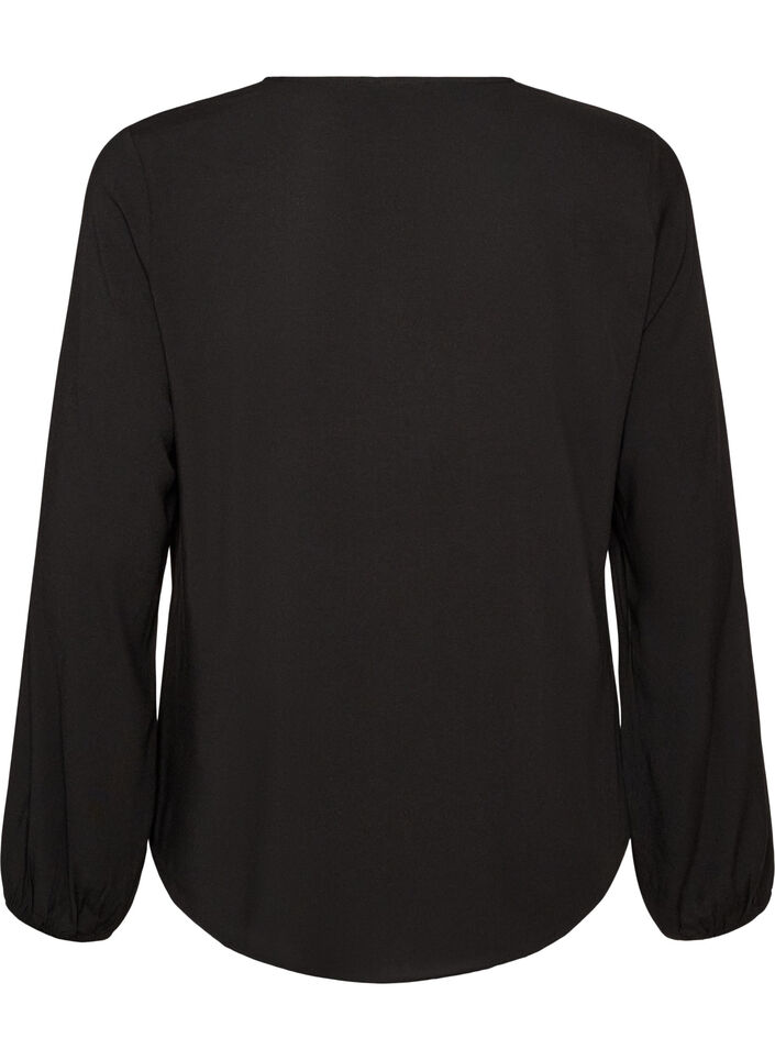 Viskosebluse med V-hals og lange &aelig;rmer, Sort, Packshot image number 1