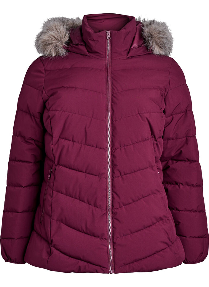 Kort pufferjakke med h&aelig;tte, M&oslash;rk Bordeaux, Packshot image number 0