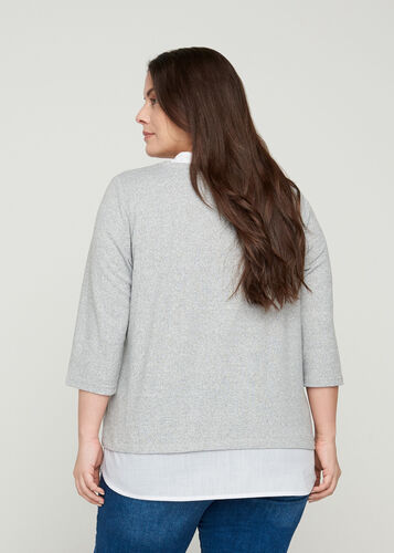 Meleret bluse med 3/4 ærmer og skjortedetaljer, Light Grey Melange, Model image number 1