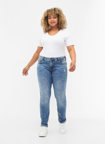 Emily jeans med normal talje og slid, Blue denim, Model image number 0