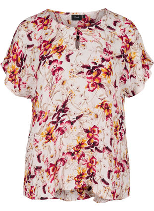 Viskose bluse med print og korte ærmer, Beige w. Flower AOP, Packshot image number 0