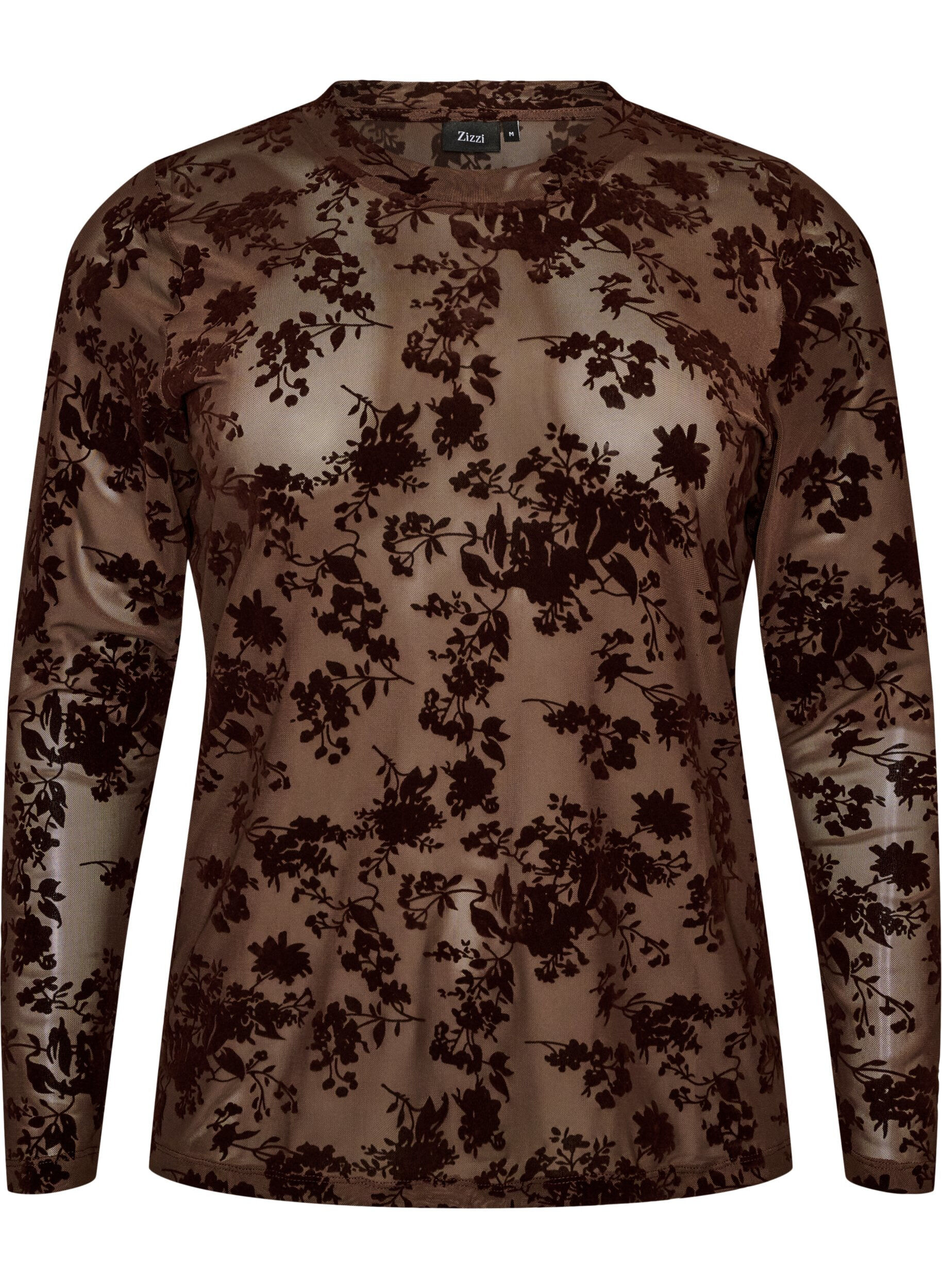 ZizziMeshbluse med blomsterm&oslash;nster, Brun, Packshot image number 0