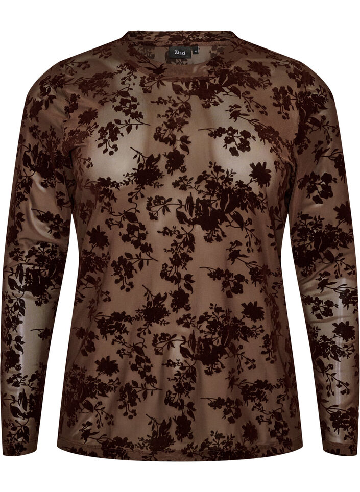 Meshbluse med blomsterm&oslash;nster, Brun, Packshot image number 0