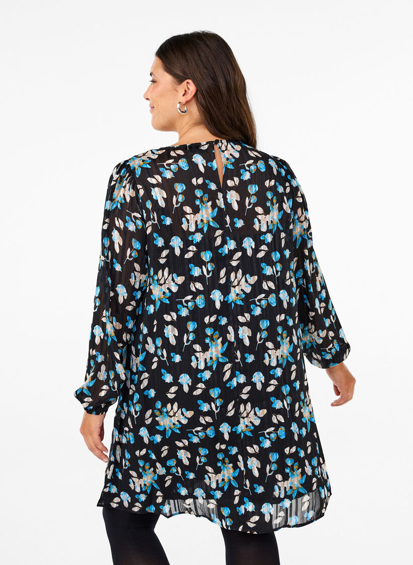 Kort kjole med print og rund hals, Black Blue Fl. AOP, Model image number 1