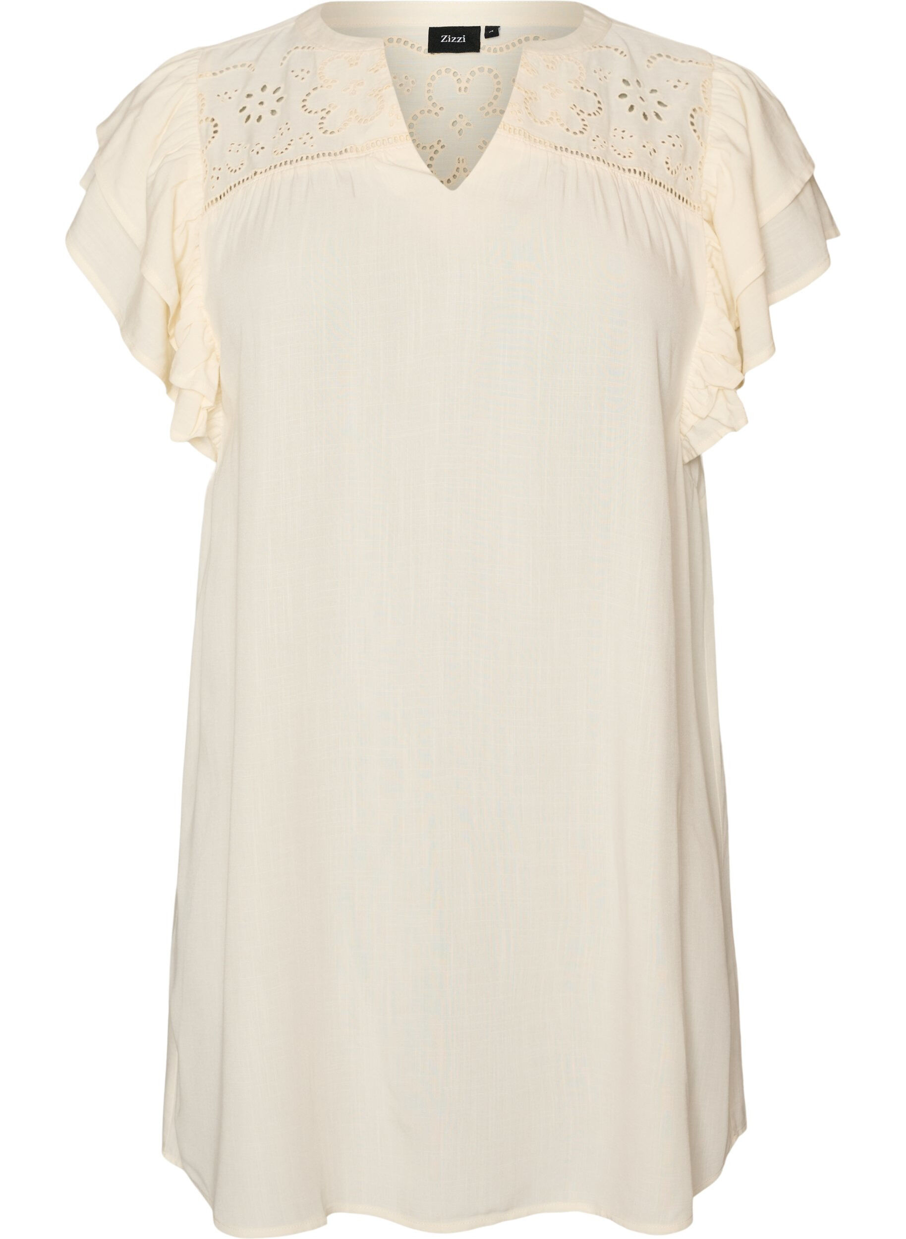 ZizziTunika med broderie anglaise og fl&aelig;se&aelig;rmer, Beige, Packshot image number 0