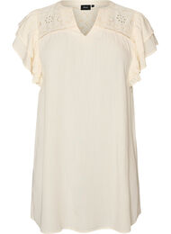 Tunika med broderie anglaise og fl&aelig;se&aelig;rmer, Beige