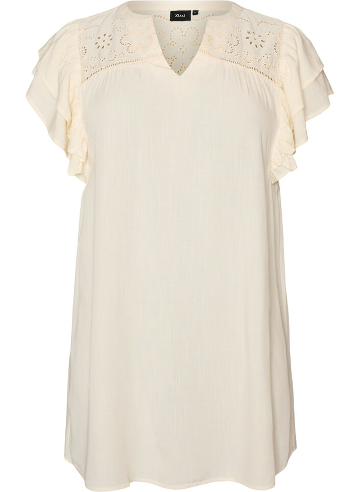 Tunika med broderie anglaise og fl&aelig;se&aelig;rmer, Beige, Packshot image number 0