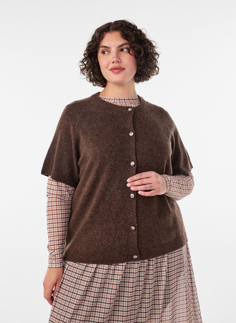 Strik cardigan med korte &aelig;rmer, Brun, Model image number 0