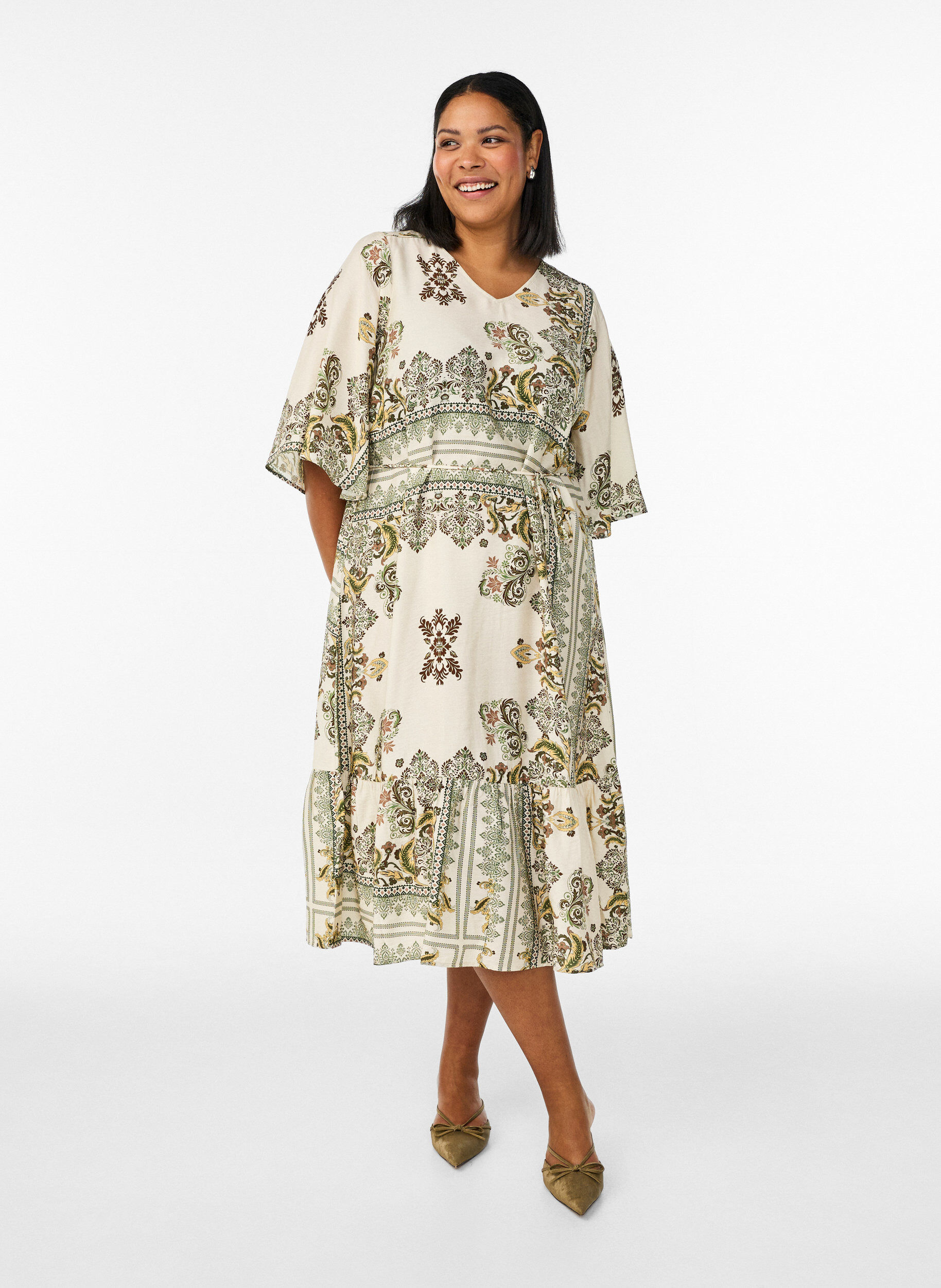 Zizzi M&oslash;nstret midikjole i viskose med bindeb&aring;nd, Gr&oslash;n, Model image number 0