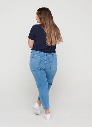 Cropped mom fit jeans med høj talje, Light blue denim, Model image number 1