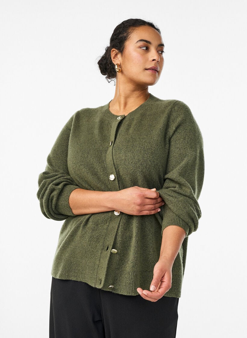 Cardigan i bl&oslash;d strik med guldfarvede knapper, Gr&oslash;n, Model image number 0
