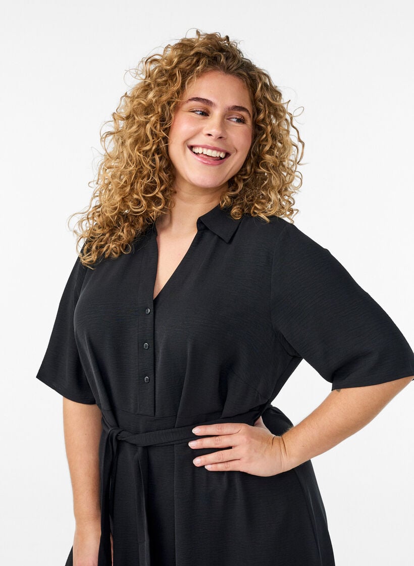 Skjortekjole i midil&aelig;ngde med bindeb&aelig;lte, Sort, Model image number 2