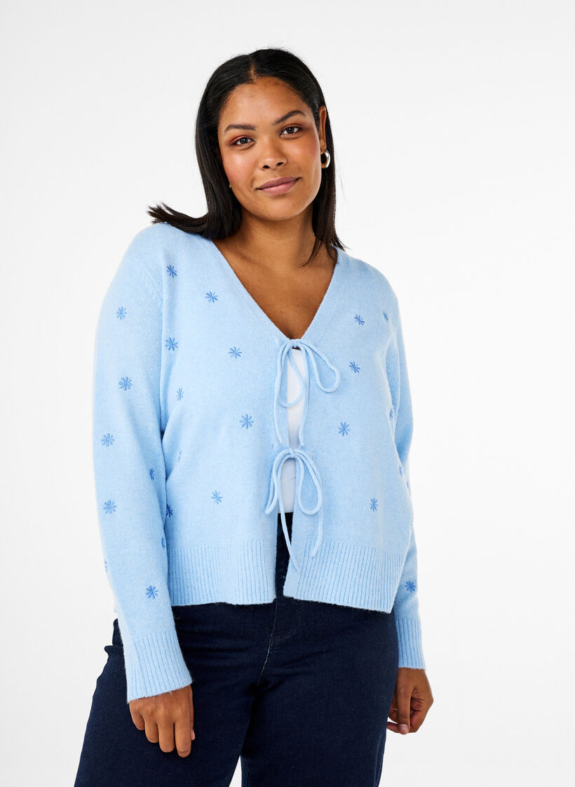 Strikket cardigan med bindedetaljer og broderi, Cashmere Blue Comb, Model image number 0