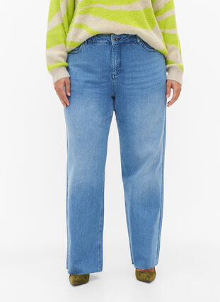 Straight fit jeans med rå kanter, Medium Blue, Model image number 2