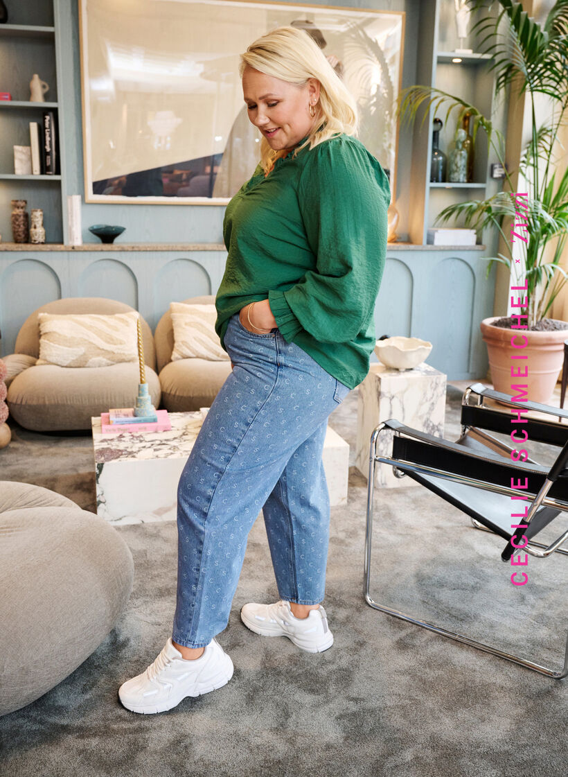 Cropped jeans med print og høj talje, Blue denim, Image image number 0