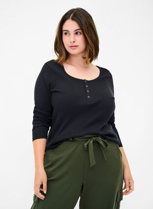 Ensfarvet bomulds bluse med lange ærmer , Black, Model image number 0