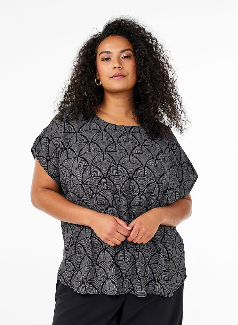 Kortærmet bluse med print, Black Grey Graphic , Model image number 0