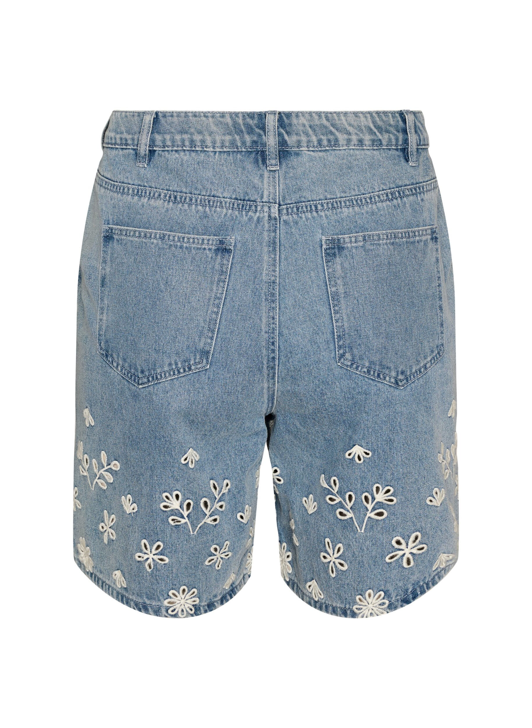 Zizzi Denimshorts med broderie anglaise og h&oslash;j talje, Bl&aring;, Packshot image number 1