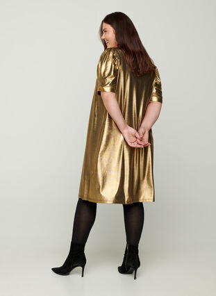 Kjole med korte pufærmer og a-form, Gold, Model image number 1