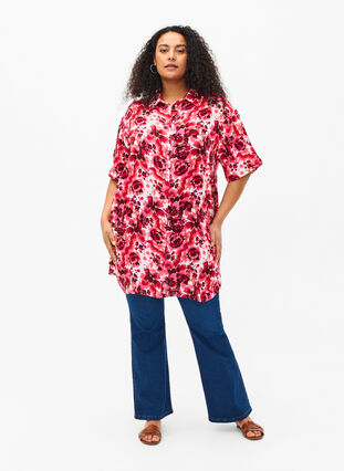 Lang skjorte med all-over print, Pink AOP Flower, Model image number 2