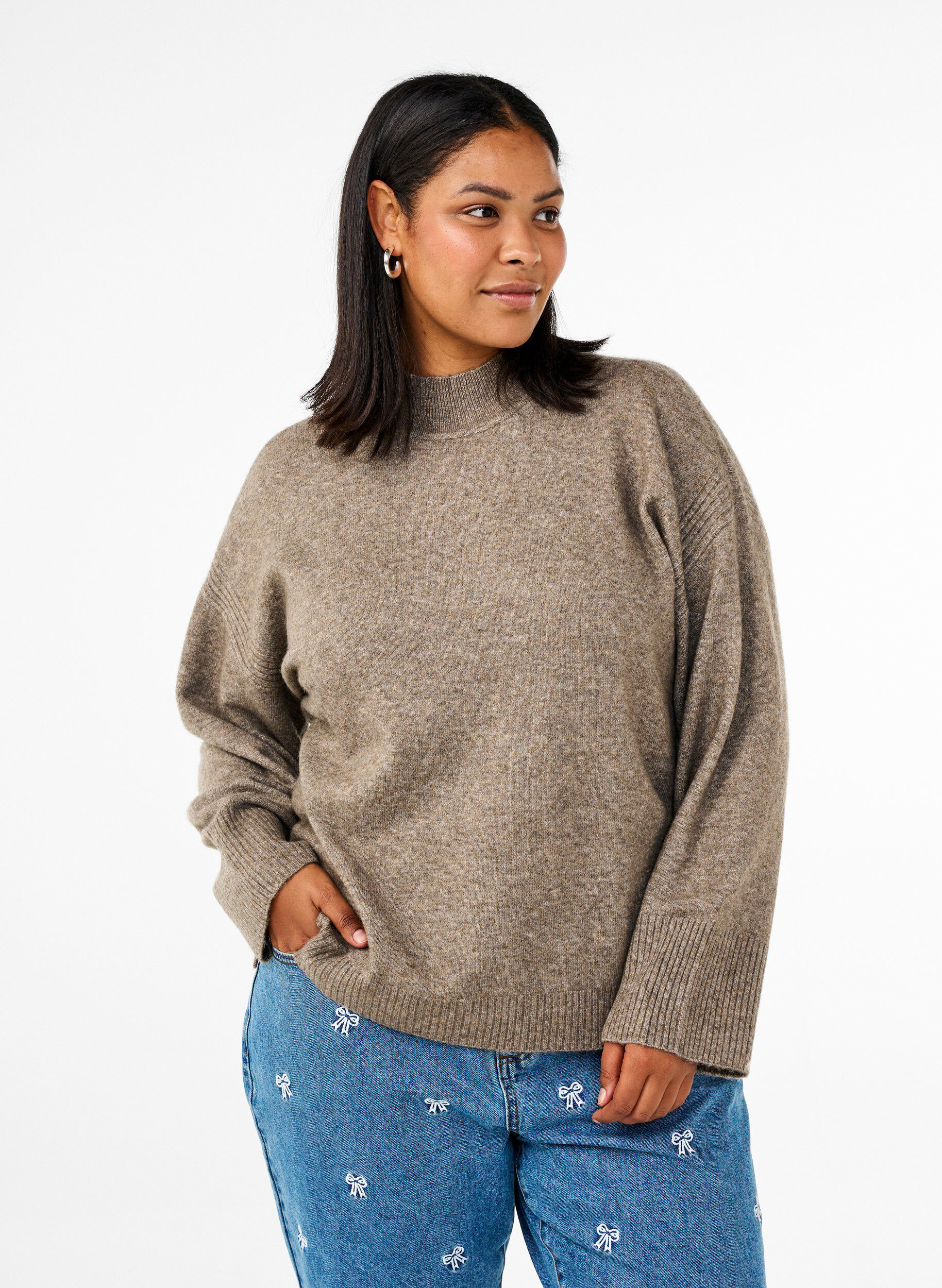 Zizzi Strikbluse med ribkanter, Walnut Mel., Model image number 0