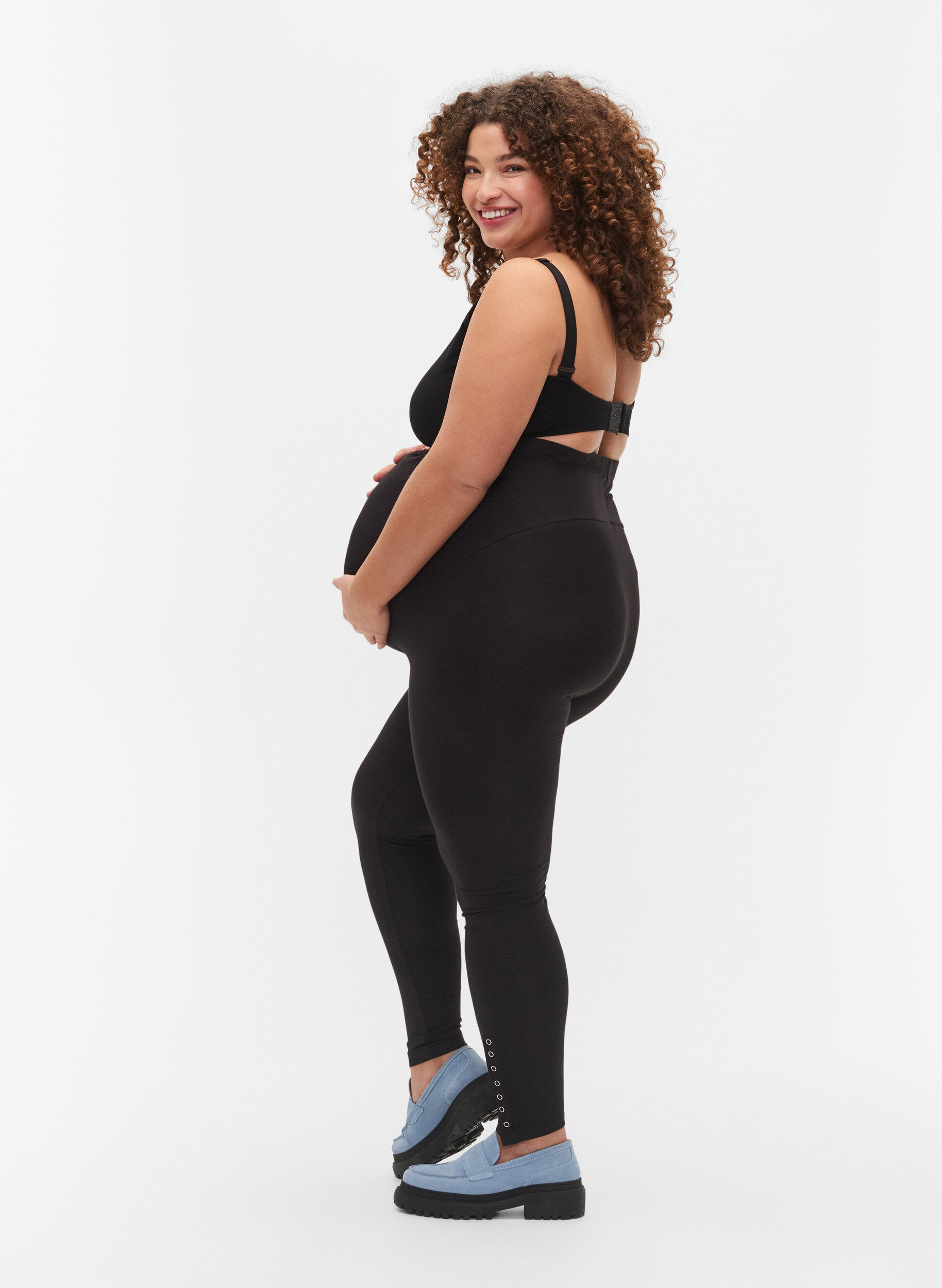 Zizzi Graviditets leggings i viskose med knapper, Black, Model image number 1