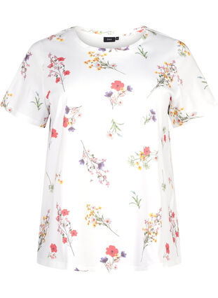 T-shirt i økologisk bomuld med blomsterprint, Bright W. AOP Flower, Packshot image number 0