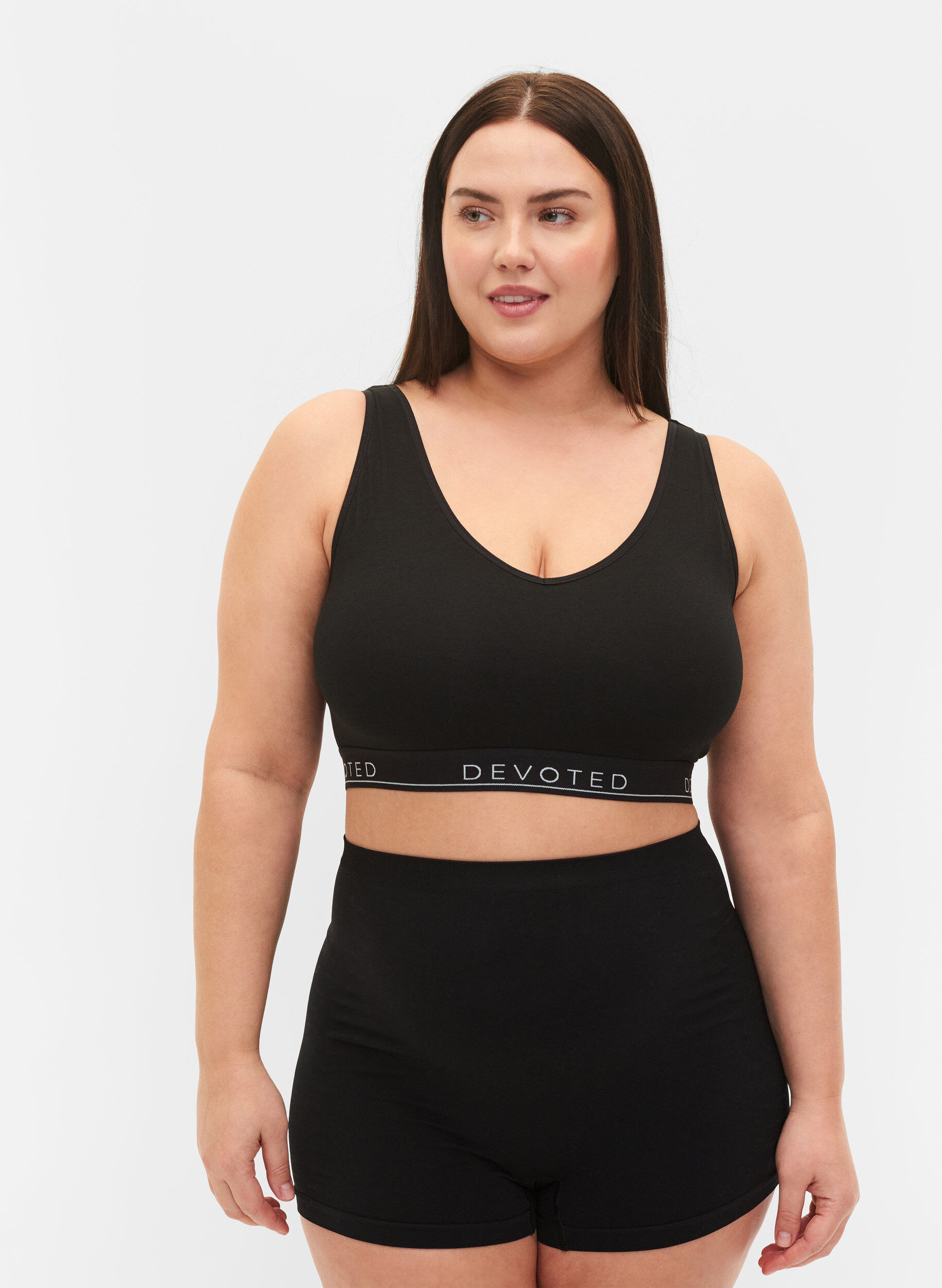 Zizzi Uvatteret bomulds bh med tekstprint, Black/Upper Font, Model image number 2