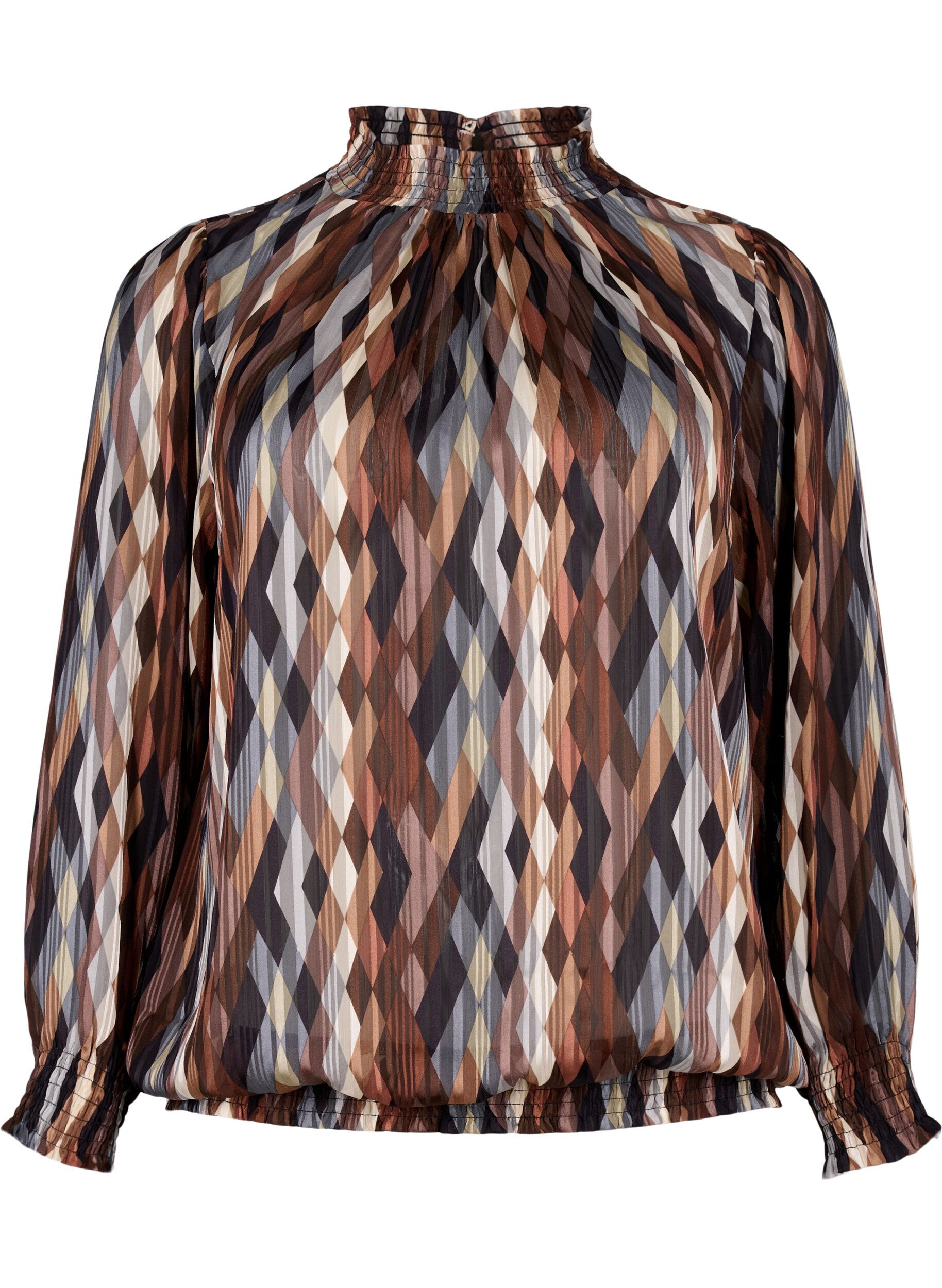 Zizzi Printet bluse med smock, Earthy Zig Zag, Packshot image number 0