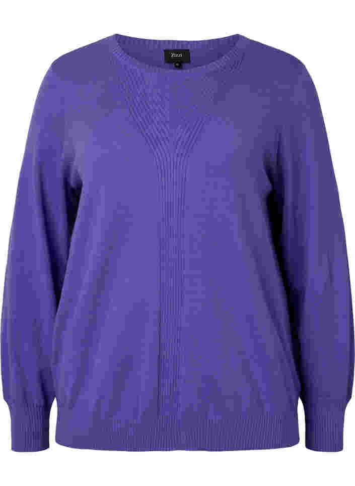 Ensfarvet strikbluse med ribdetaljer, Purple Opulence Mel., Packshot image number 0