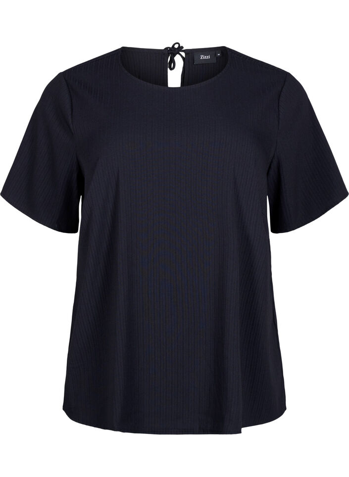 Kortærmet bluse i viskose med bindebånd, Black, Packshot image number 0