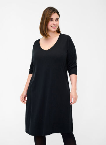 Ensfarvet kjole med v-hals og lange ærmer, Black, Model image number 0