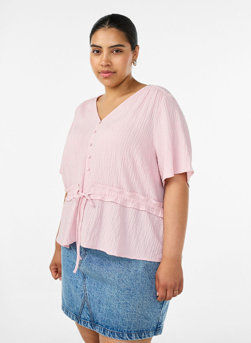 Bluse med struktur og bindeb&aring;nd i taljen, Lyser&oslash;d, Model image number 0